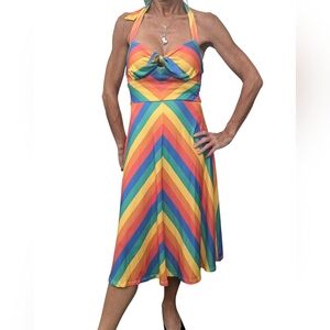 ModCloth Rainbow Halter Midi Dress S Tie Front Fit & Flare Retro